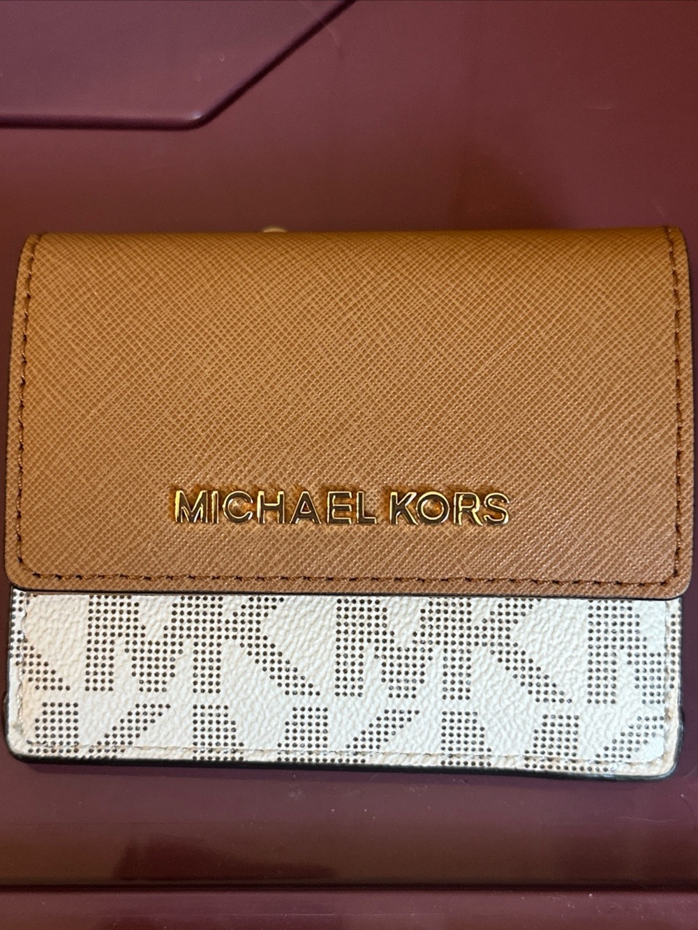 Michael Kors Brown & White Card Holder with Gold Accent NWT
